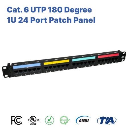 Cat.6 UTP 180 graders 1U 24 portar patchpanel 110 och Krone-typ